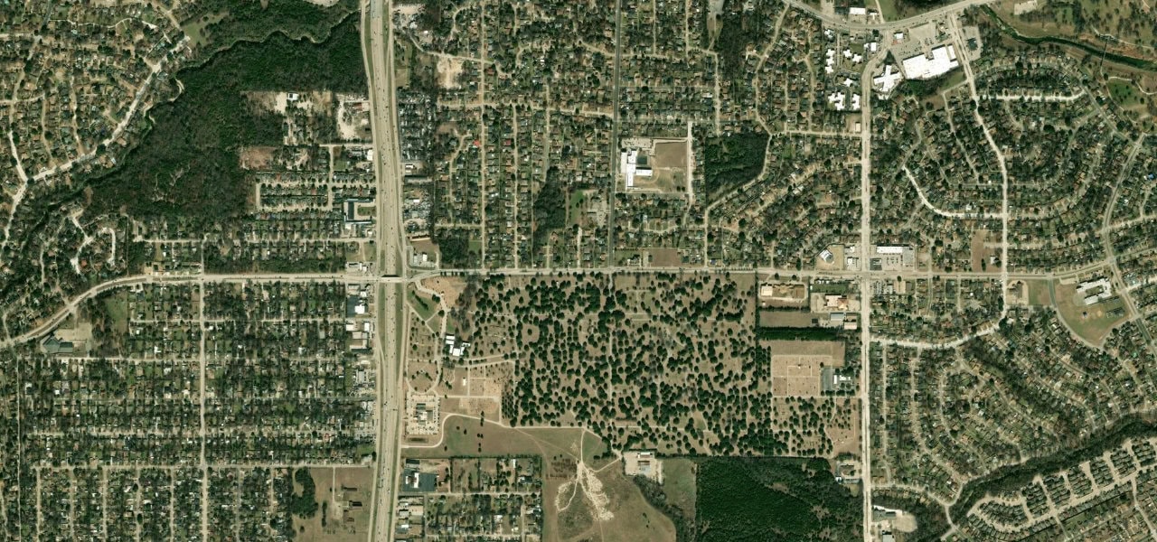 Wider satellite view of East Laureland Road near Shady Crest Trail