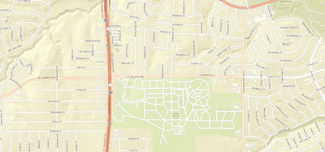 Wider street map of East Laureland Road near Shady Crest Trail
