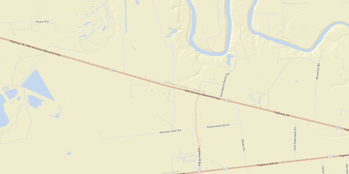 Wider street view of SH 36 and Randon Dyer Road