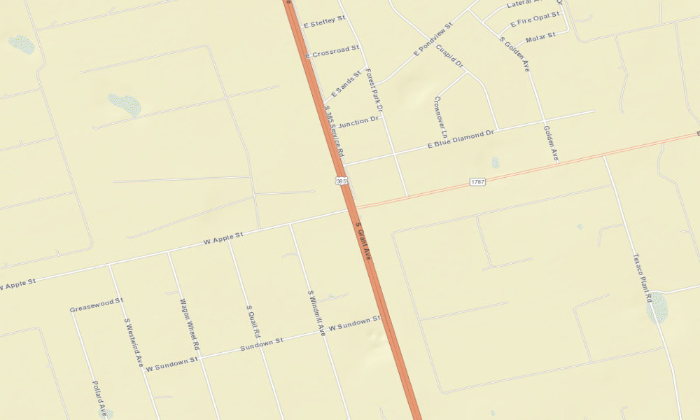 Wider street map of US 385 and West Apple Street in Ector County