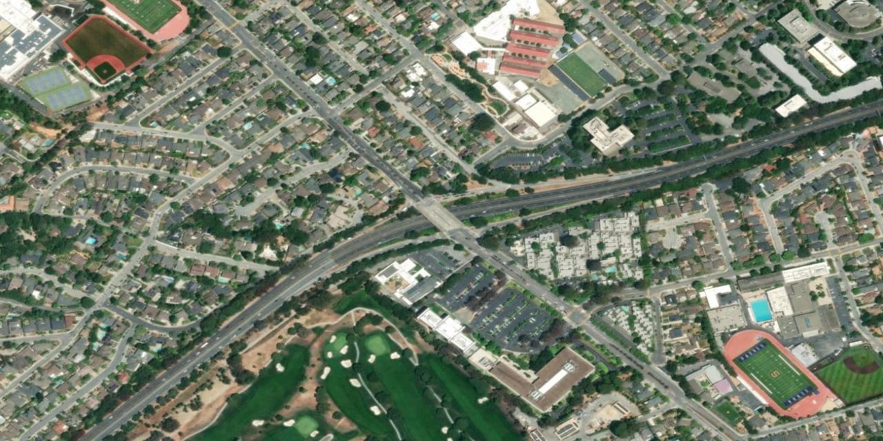 Close satellite view of Alameda de las Pulgas at the Highway 92 interchange in San Mateo, California