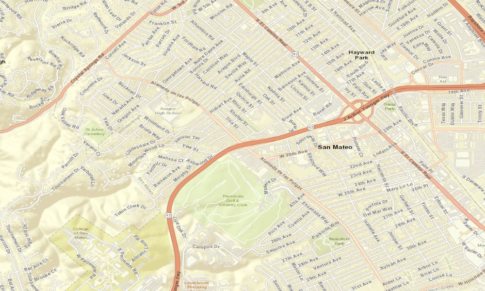 Wider street map of the Highway 92 interchange at Alameda de las Pulgas in San Mateo