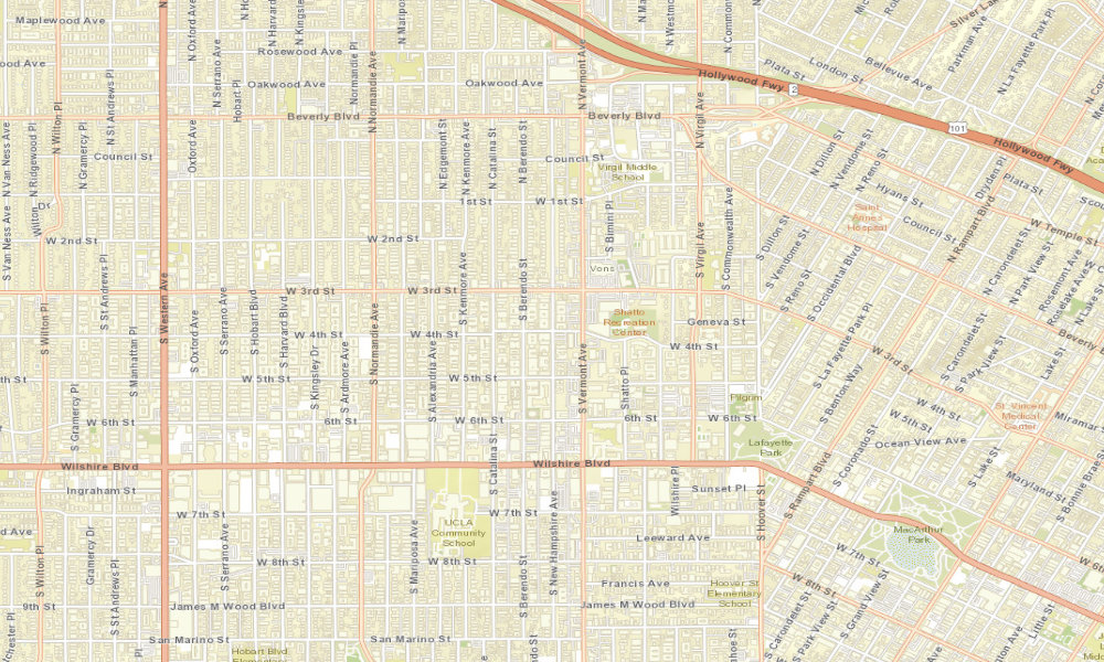 Wider street map of New Hampshire Avenue and Fourth Street in Los Angeles