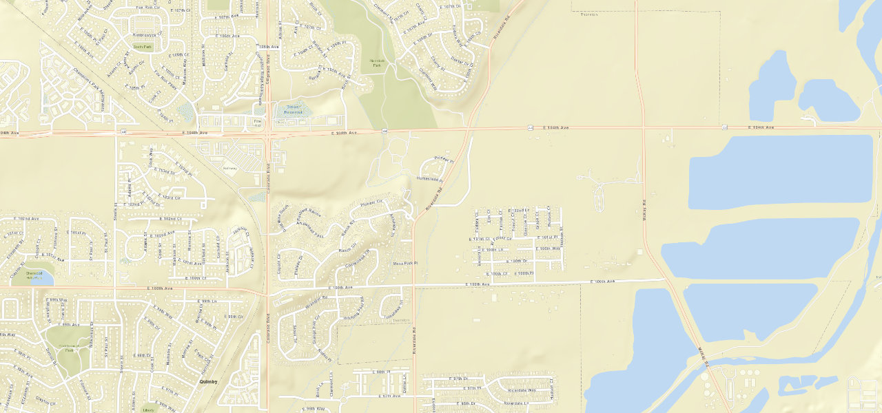 Wider street context for East 100th Avenue, Riverdale Road and East 104th Avenue in Thornton.